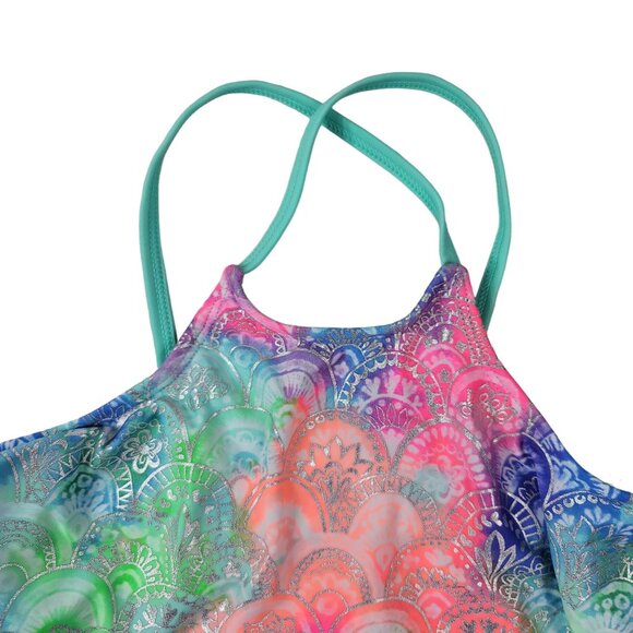 2/$15 Wonder Nation Girls Swimsuit Pink Green SZ 10 Large Silver 2 Piece Ruffle - Picture 3 of 13